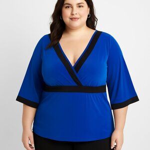 Lane Bryant 22/24 Royal Blue & Black Blouse 3/4 Sleeve V-Neck Stretch Top